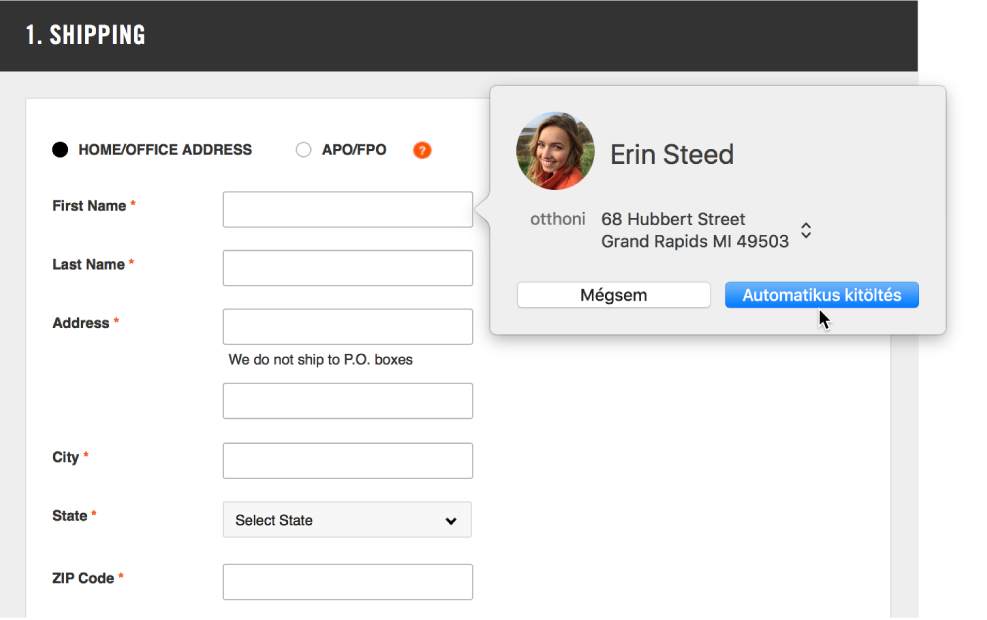 Szállítási űrlap megjelenített névjegykártyával és elérhető Automatikus kitöltés funkcióval.