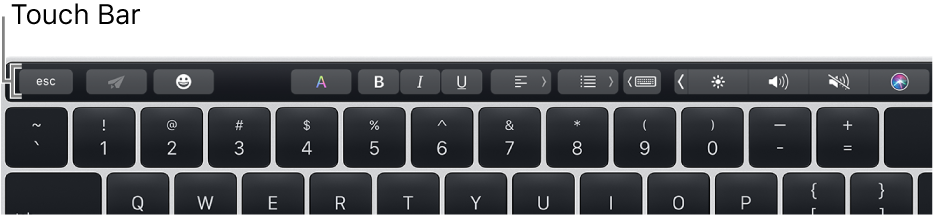 Billentyűzet, Touch Barral a tetején. A Touch Bar jobb szélén található a Touch ID.