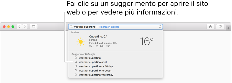 La frase di ricerca “meteo cupertino” inserita nel campo di ricerca smart e i risultati dei suggerimenti Safari.