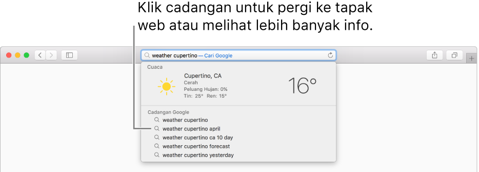 Frasa carian “weather cupertino“ dimasukkan ke medan Carian Pintar dan hasil Cadangan Safari.