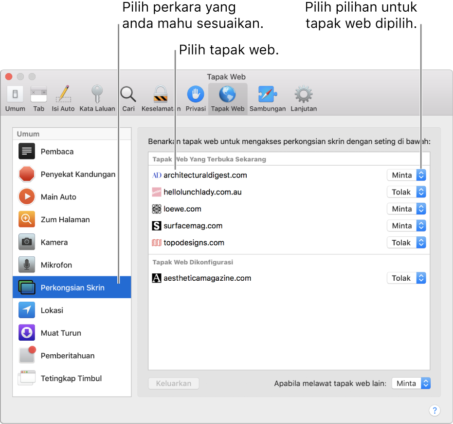 Anak tetingkap Tapak Web keutamaan Safari, di mana anda boleh sesuaikan cara anda melayari tapak web individu.