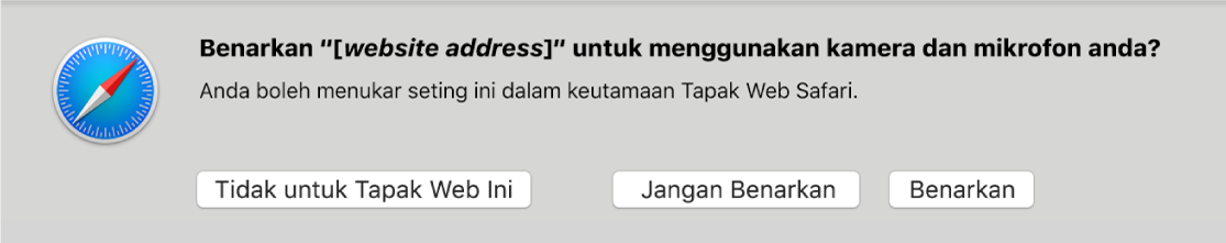 Dialog menunjukkan pilihan untuk berkongsi kamera dan mikrofon pada Mac anda dengan tapak web.