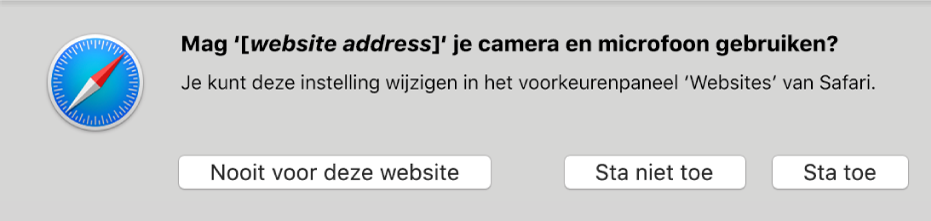 Een dialoogvenster met opties voor het delen van de camera en microfoon van je Mac met een website.