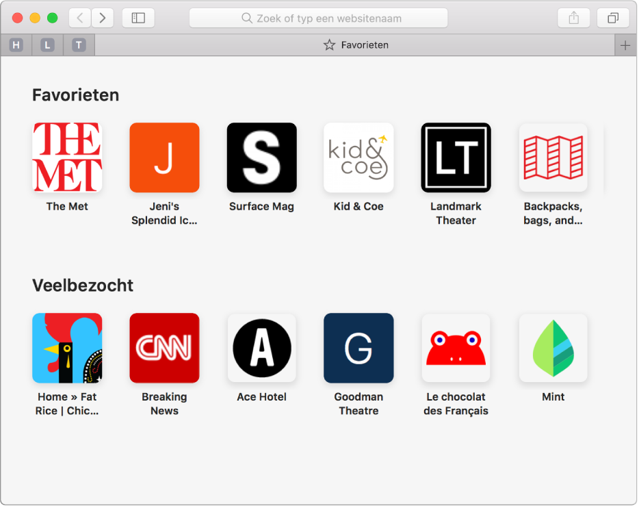 De startpagina van Safari met favoriete en veelbezochte websites.