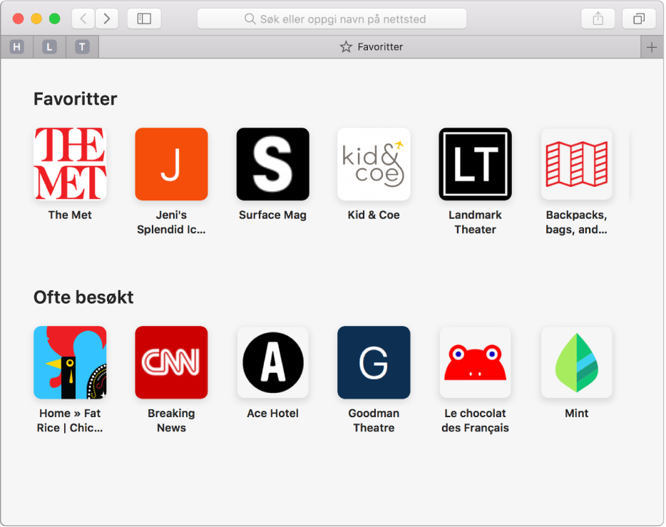Safari-startsiden som viser favorittnettsteder og ofte besøkte nettsteder.