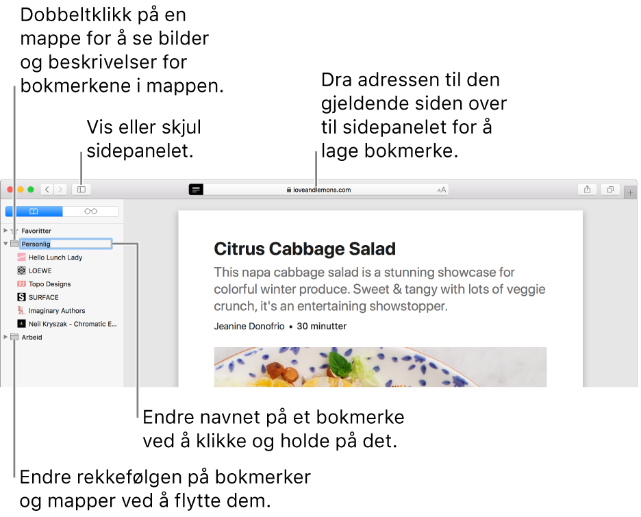 Et Safari-vindu med bokmerker i sidepanelet, hvor ett bokmerke er markert for redigering.