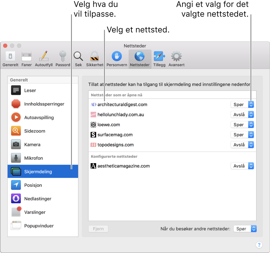 Nettsteder-panelet i Safari-valg, der du kan tilpasse hvordan du surfer på enkelte nettsteder.