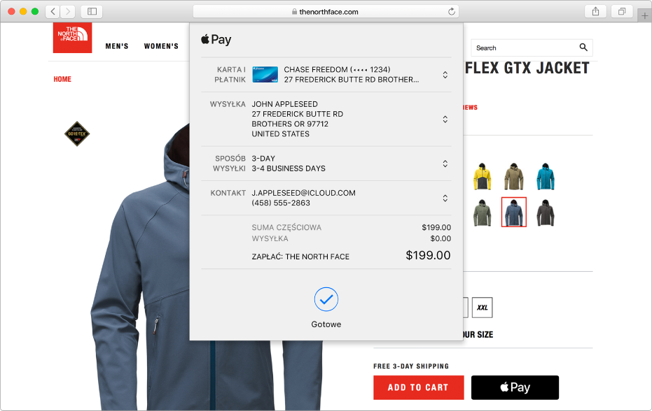 Popularna witryna zakupowa akceptująca płatności Apple Pay. Widoczne są szczegóły dotyczące zakupu, obejmujące kartę kredytową, adres wysyłki, informacje na temat sklepu oraz cenę.