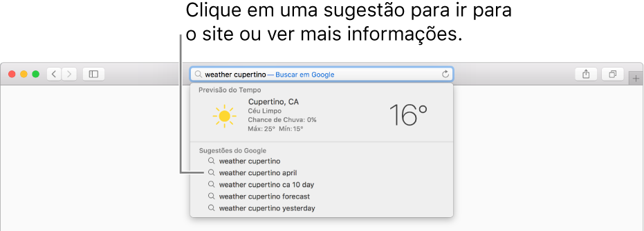 Frase "tempo cupertino" digitada no campo de Busca Inteligente e resultados das Sugestões do Safari.
