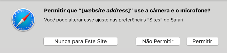 Uma caixa de diálogo mostrando as opções para compartilhar a câmera e o microfone no Mac com um site.