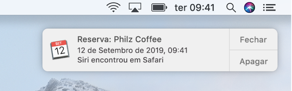 Uma sugestão de Siri para adicionar um evento do Safari ao Calendário.