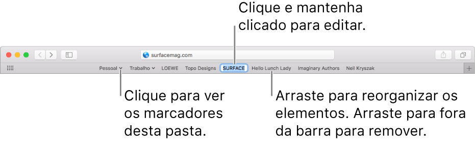 A barra de favoritos com uma pasta de marcadores. Para editar um marcador ou uma pasta na barra, clique e mantenha clicado o elemento. Para reorganizar elementos na barra, arraste-os. Para remover um elemento, arraste-o para fora da barra.