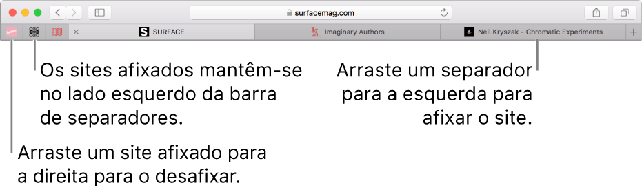 Sites afixados na barra de separadores do Safari.