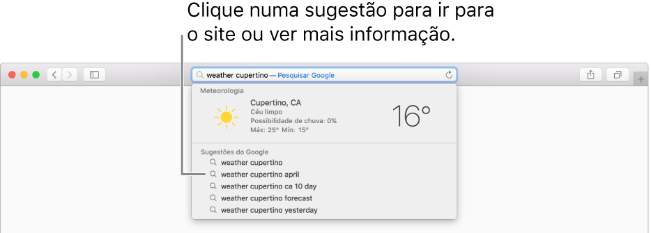 A frase de pesquisa “meteorologia cupertino” introduzida no campo de pesquisa inteligente e no resultado de Sugestões do Safari.