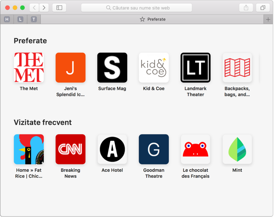 Pagina de început Safari, afișând site-urile web preferate și cele vizitate frecvent.