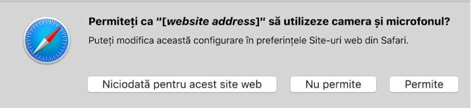 Dialog afișând opțiunile pentru partajarea cu un site web a camerei și microfonului Mac-ului.