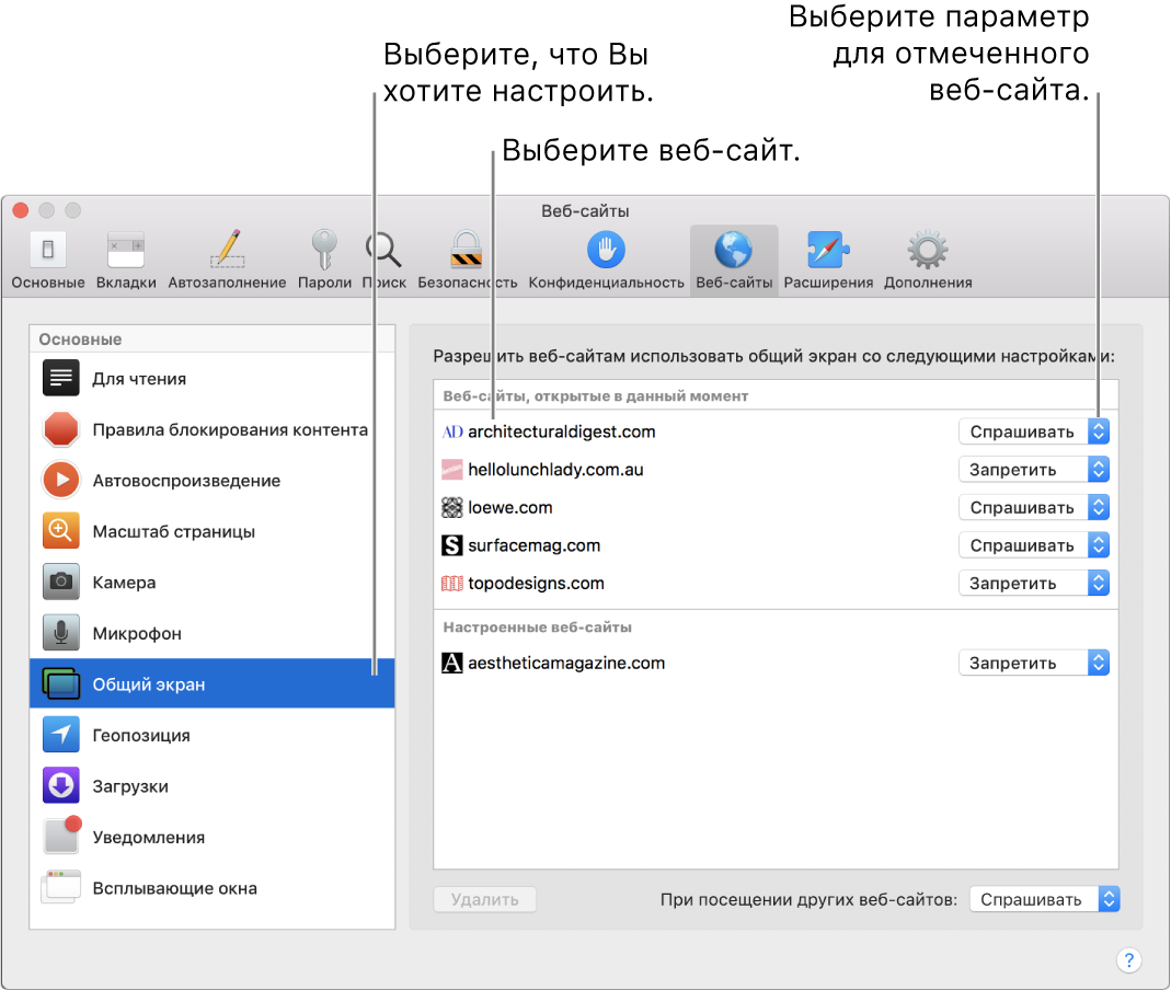 Панель «Веб-сайты» в настройках Safari. Здесь можно настроить параметры просмотра отдельных веб-сайтов.