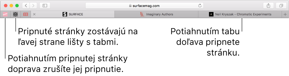 Pripnuté stránky v lište s tabmi Safari.