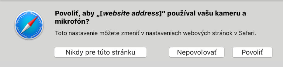 Dialógové okno zobrazujúce možnosti zdieľania kamery a mikrofónu Macu s webovou stránkou.