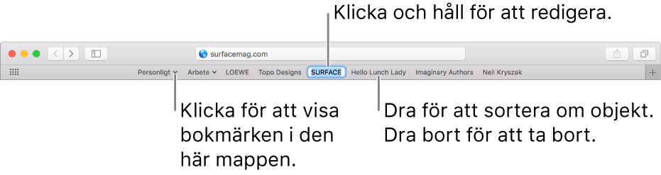 Favoritfältet med en bokmärkesmapp. Redigera ett bokmärke eller en mapp i fältet genom att klicka och hålla. Flytta objekten i fältet genom att dra dem. Ta bort ett objekt genom att dra ut det från fältet.