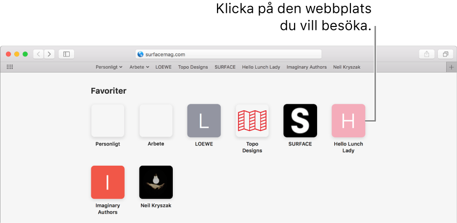 Safaris adress- och sökfält med symbolerna för favoritwebbplatser nedanför.