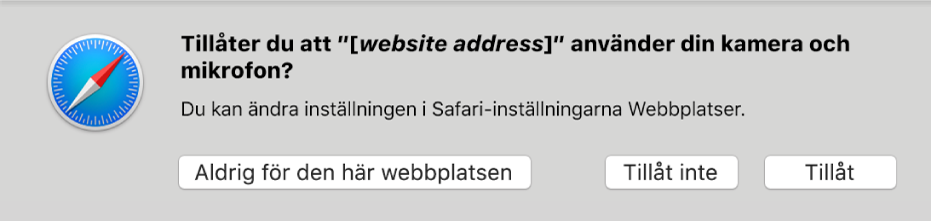 En dialogruta visar alternativ för att dela kameran och mikrofonen på datorn med en webbplats.