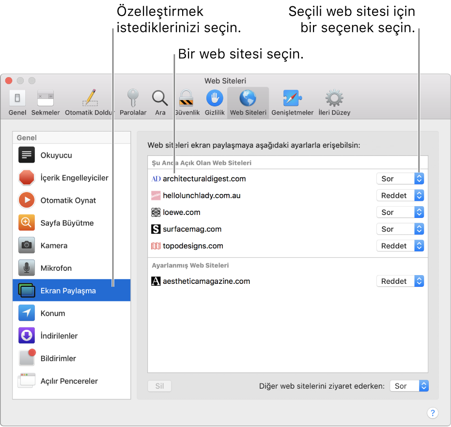 Safari tercihlerinin Web Siteleri bölmesinde tek tek web sitelerini nasıl dolaştığınızı özelleştirebilirsiniz.
