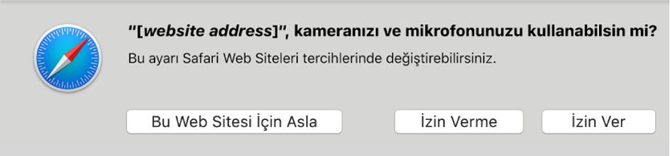 Mac’inizdeki kamerayı ve mikrofonu bir web sitesi ile paylaşma seçeneklerini gösteren sorgu kutusu.