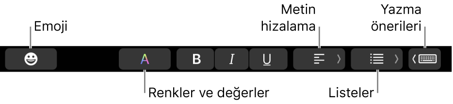 Mail uygulamasından düğmelerin olduğu touch Bar; soldan sağa Emoji, Renkler, Kalın, İtalik, Altı Çizgili, Hizalama, Listeler ve Yazma Önerileri.