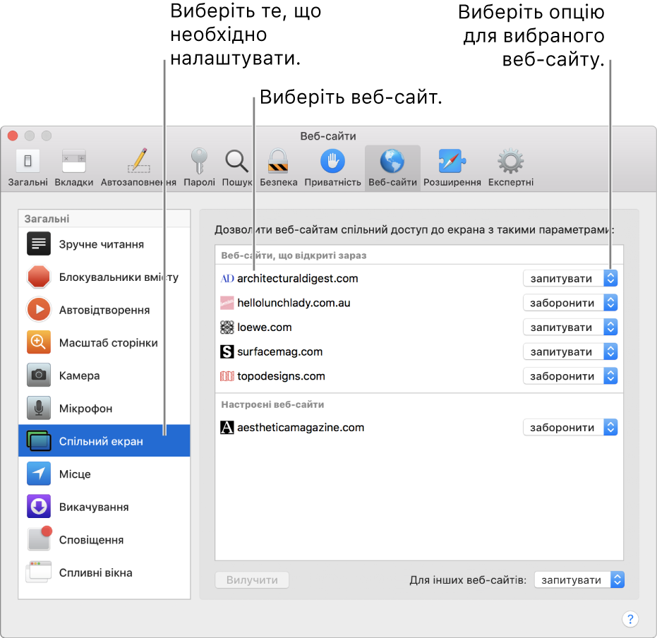 Панель «Веб-сайти» параметрів Safari, на якій можна настроїти перегляд окремих веб-сайтів.
