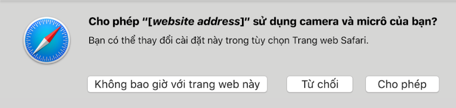 Hộp thoại đang hiển thị các tùy chọn chia sẻ camera và micrô trên máy Mac của bạn với trang web.