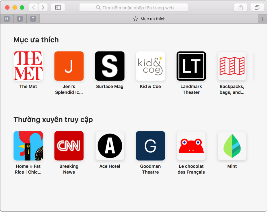 Trang bắt đầu của Safari, đang hiển thị các trang web ưa thích cũng như các trang web truy cập thường xuyên.