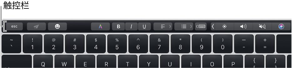 触控栏横贯键盘的顶部；触控 ID 位于触控栏的右端。