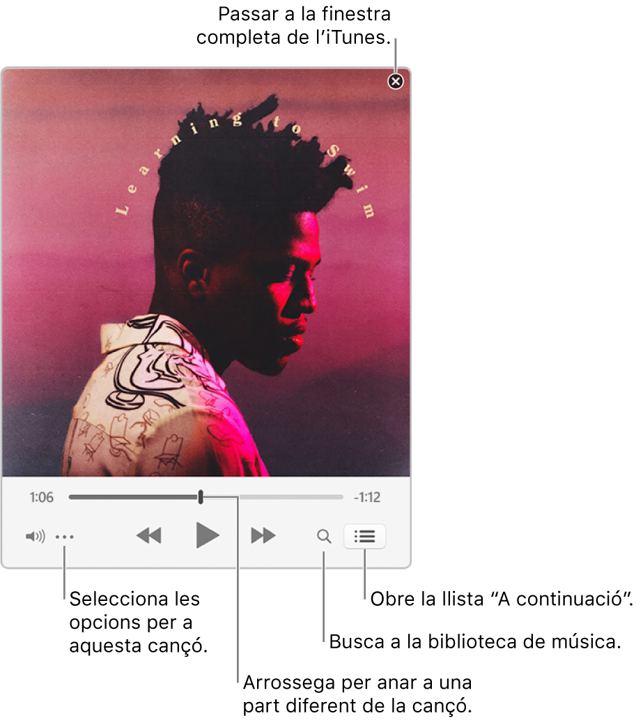 El minireproductor expandit amb els controls de la cançó que s’està reproduint. A la cantonada superior dreta hi ha el botó de tancar, que s’utilitza per canviar a la finestra completa de l’iTunes. A la part inferior de la finestra hi ha un regulador que pots arrossegar per anar a una part diferent de la cançó. A sota del regulador, a l’esquerra, hi ha el botó Més, on pots triar les opcions de visualització i altres opcions de la cançó que s’està reproduint. A l’extrem dret, a sota del regulador, hi ha dos botons; la lupa serveix per fer cerques a la biblioteca musical i “A continuació” per veure què es reproduirà després.