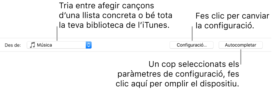 Les opcions d’autocompletar a la part inferior del tauler Música. Menú desplegable “Des de” a l’extrem esquerre, on es pot triar afegir cançons des d’una llista de reproducció o des de tota la biblioteca. A l’extrem dret hi ha dos botons: Configuració, per canviar diverses opcions d’Autocompletar, i Autocompletar. Quan facis clic a Autocompletar, el dispositiu s’omplirà automàticament amb les cançons que compleixin els requisits.