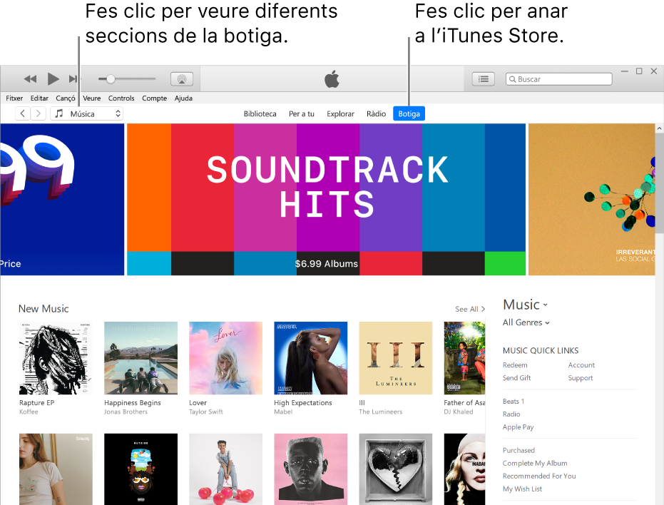 Finestra principal de l’iTunes Store: La botiga està ressaltada a la barra de navegació. Fes clic a la cantonada superior esquerra per veure els diferents continguts de la botiga (com ara Música o TV).