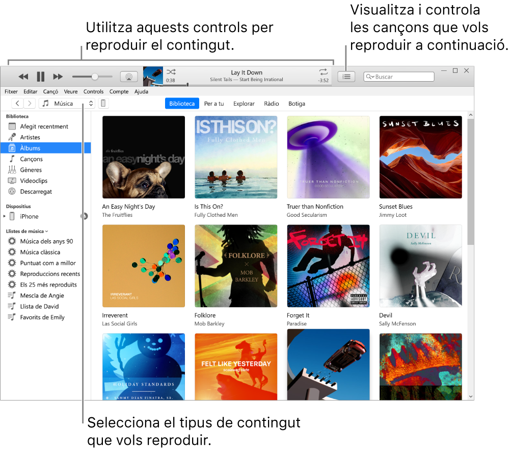 Finestra principal de la biblioteca de l’iTunes: Al navegador, selecciona el tipus de contingut que vols reproduir (com ara música). Utilitza els controls de la cinta que hi ha a la part superior per reproduir el contingut i fes servir el menú desplegable “A continuació” situat a la dreta per veure la biblioteca de diferents maneres.