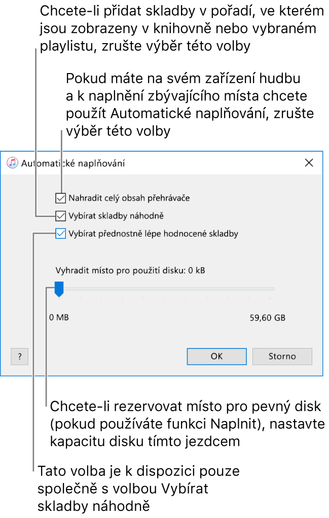 Dialogové okno Automatické naplňování se čtyřmi volbami umístěnými pod sebou. Pokud máte v zařízení uloženou hudbu a chcete automaticky vyplnit jen zbývající místo, zrušte výběr volby „Nahradit celý obsah přehrávače“. Chcete‑li skladby přidat v pořadí, ve kterém jsou uvedené ve vaší knihovně nebo ve vybraném playlistu, zrušte výběr volby „Vybírat skladby náhodně“. Další volba, „Vybírat přednostně lépe hodnocené skladby“, je k dispozici jen tehdy, když je vybraná volba „Vybírat skladby náhodně“. Pokud chcete v zařízení ponechat volný prostor,který budete používat jako pevný disk, nastavte požadovanou kapacitu disku posunutím jezdce.