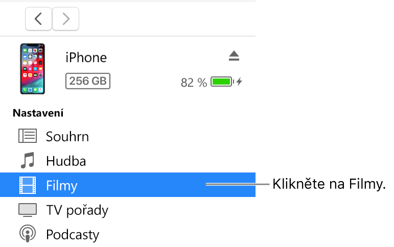 Okno Zařízení s položkou Filmy vybranou na bočním panelu vlevo.