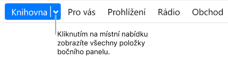 Tlačítko Knihovna na navigačním panelu zobrazující místní nabídku. Kliknutím na tlačítko získáte přístup ke všem položkám bočního panelu v případě, že boční panel skryjete.