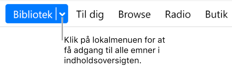 Knappen Bibliotek på navigationslinjen, som viser lokalmenuen. Klik på den for at få adgang til alle emnerne i indholdsoversigten, når du har skjult indholdsoversigten.