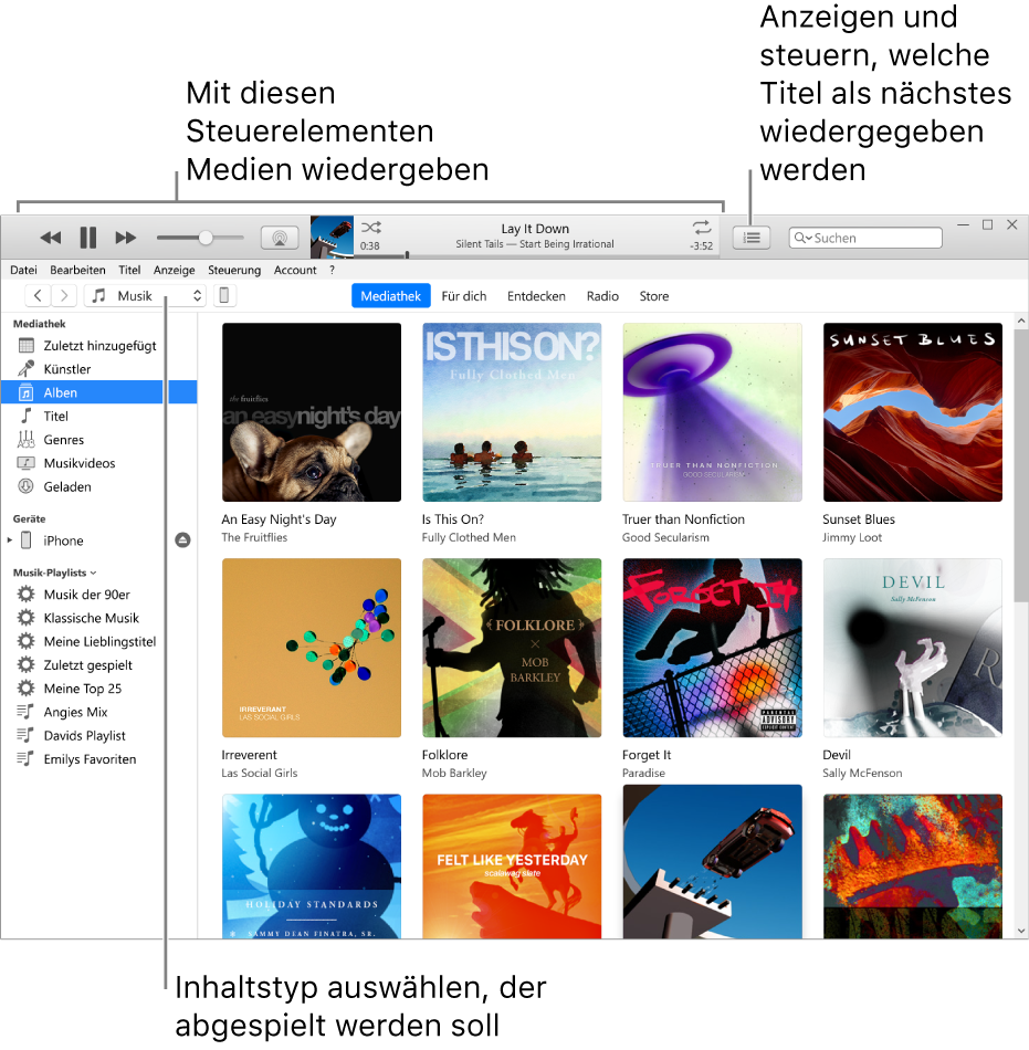 Das Hauptfenster der iTunes-Mediathek: Wähle im Navigationsbereich die Art der Medien aus, die du abspielen willst (z. B. Musik). Verwende die Steuerelemente im Banner oben, um deine Medien abzuspielen, und das Popupmenü „Als Nächstes“ rechts, um die Mediathek auf andere Weise anzuzeigen.