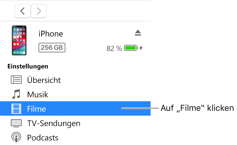 Das Fenster „Gerät“ mit links in der Seitenleiste ausgewählter Option „Filme“