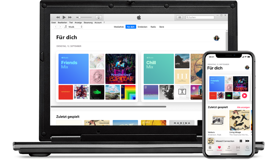 Ein PC und ein iPhone mit „Für dich“ in Apple Music