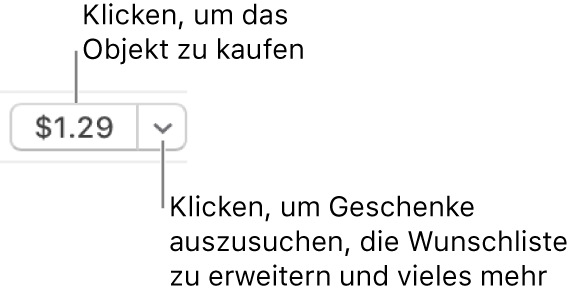 Eine Schaltfläche mit einer Preisangabe Klicke auf den Preis um das Objekt zu kaufen. Klicke auf das Dreiecksymbol, um das Objekt einem Freund zu schenken, es zu deiner Wunschliste hinzuzufügen und mehr.