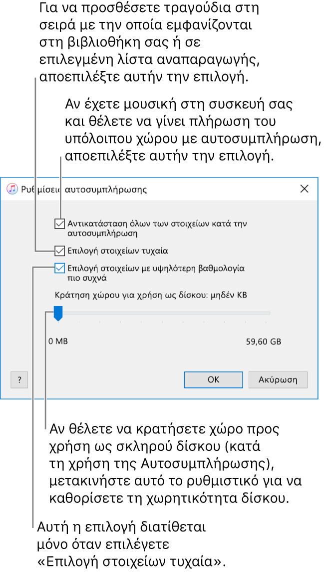 Το πλαίσιο διαλόγου «Ρυθμίσεις αυτοσυμπλήρωσης» που δείχνει τέσσερις επιλογές, από πάνω προς τα κάτω. Αν έχετε μουσική στη συσκευή σας και θέλετε να γίνει πλήρωση του υπόλοιπου χώρου με αυτοσυμπλήρωση, αποεπιλέξτε την επιλογή «Αντικατάσταση όλων των στοιχείων κατά την αυτοσυμπλήρωση». Για να προσθέσετε τραγούδια στη σειρά με την οποία εμφανίζονται στη βιβλιοθήκη σας ή σε επιλεγμένη λίστα αναπαραγωγής, αποεπιλέξτε την επιλογή «Επιλογή στοιχείων τυχαία». Η επόμενη επιλογή, «Επιλογή στοιχείων με υψηλότερη βαθμολογία πιο συχνά», είναι διαθέσιμη μόνο όταν επιλέξετε τη ρύθμιση «Επιλογή στοιχείων τυχαία». Αν θέλετε να κρατήσετε χώρο προς χρήση ως σκληρού δίσκου, μετακινήστε το ρυθμιστικό για να καθορίσετε τη χωρητικότητα δίσκου.