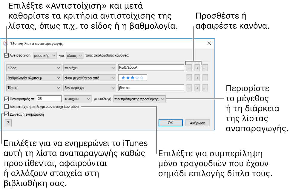 Το παράθυρο Έξυπνης λίστας αναπαραγωγής: Στην πάνω αριστερή γωνία, επιλέξτε «Αντιστοίχιση» και μετά καθορίστε τα κριτήρια λίστας αναπαραγωγής (π.χ. είδος ή βαθμολογία). Συνεχίστε να προσθέτετε ή να καταργείτε κανόνες κάνοντας κλικ στα κουμπιά Προσθήκης και Κατάργησης στην πάνω δεξιά γωνία. Επιλέξτε διάφορες ρυθμίσεις στο κάτω τμήμα του παραθύρου, όπως περιορισμός του μεγέθους ή της διάρκειας της λίστας αναπαραγωγής συμπεριλαμβανομένων μόνο των επιλεγμένων τραγουδιών, ή ρύθμιση του iTunes ώστε να ενημερώνει τη λίστα αναπαραγωγής όταν αλλάζουν στοιχεία στη βιβλιοθήκη σας.