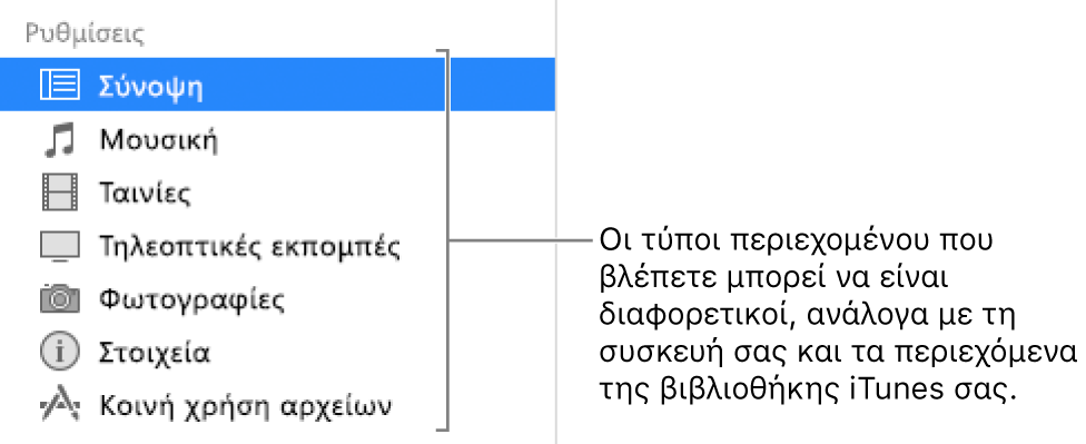 Η «Σύνοψη» επιλεγμένη στην πλαϊνή στήλη στα αριστερά. Οι τύποι περιεχομένου που εμφανίζονται μπορεί να διαφέρουν ανάλογα με τη συσκευή και τα περιεχόμενα της βιβλιοθήκης iTunes σας.