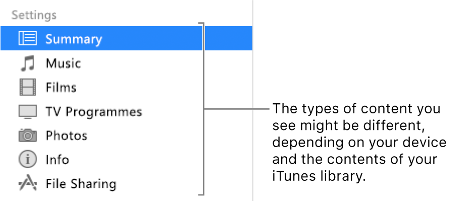 Summary is selected in the sidebar on the left. The types of content that appear might vary, depending on your device and the contents of your iTunes library.