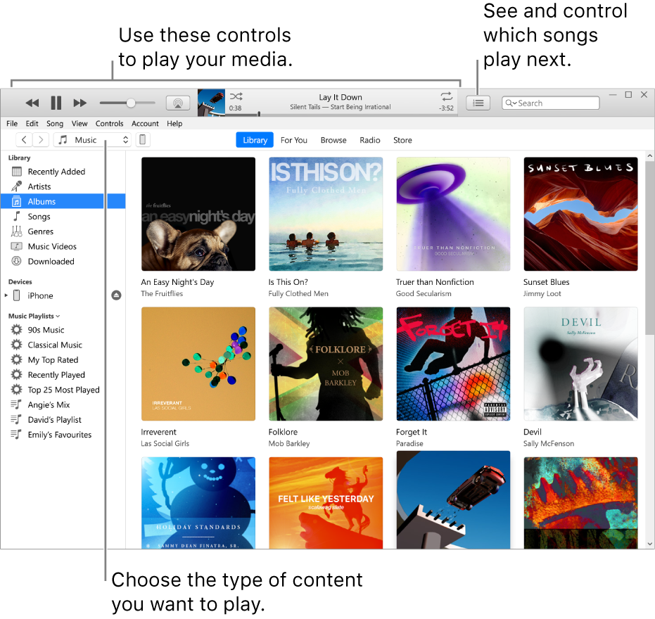 The iTunes Library main window: In the navigator, choose the type of media to play (such as Music). Use the controls in the banner at the top to play your media, and use the Up Next pop-up menu on the right to view your library in different ways.